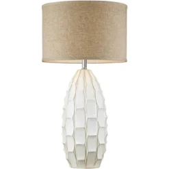 Possini Euro Design Cosgrove Modern Mid Century Table Lamp 32 3/4" Tall White Glazed Ceramic Beige Fabric Drum Shade For Bedroom Living Room Bedside -Decor Haven Shop GUEST 87b80e2d 8cd2 4d8b aa40 8cddab0699a1