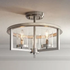 Possini Euro Design Senna Modern Industrial Ceiling Light Semi Flush Mount Fixture 15" Wide Brushed Nickel Gray Wood 3-Light Clear Glass For Bedroom