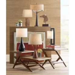 360 Lighting Omar Modern Table Lamp 28 3/4" Tall Warm Brown Wood Hourglass Oatmeal Fabric Drum Shade For Bedroom Living Room Bedside Nightstand Office -Decor Haven Shop GUEST d65b8b8a 1a44 478d 9722 ac58b50aba81