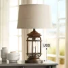 Franklin Iron Works Andreas Industrial Table Lamp 26" High Brown Metal With Nightlight LED And USB Charging Port Oatmeal Shade For Living Room Desk -Decor Haven Shop GUEST d8dc011a 6a43 4c46 8d6e 47fe178b34a0