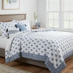 5pc Block Print With Border Comforter Bedding Set White/Blue - Thresholdâ˘